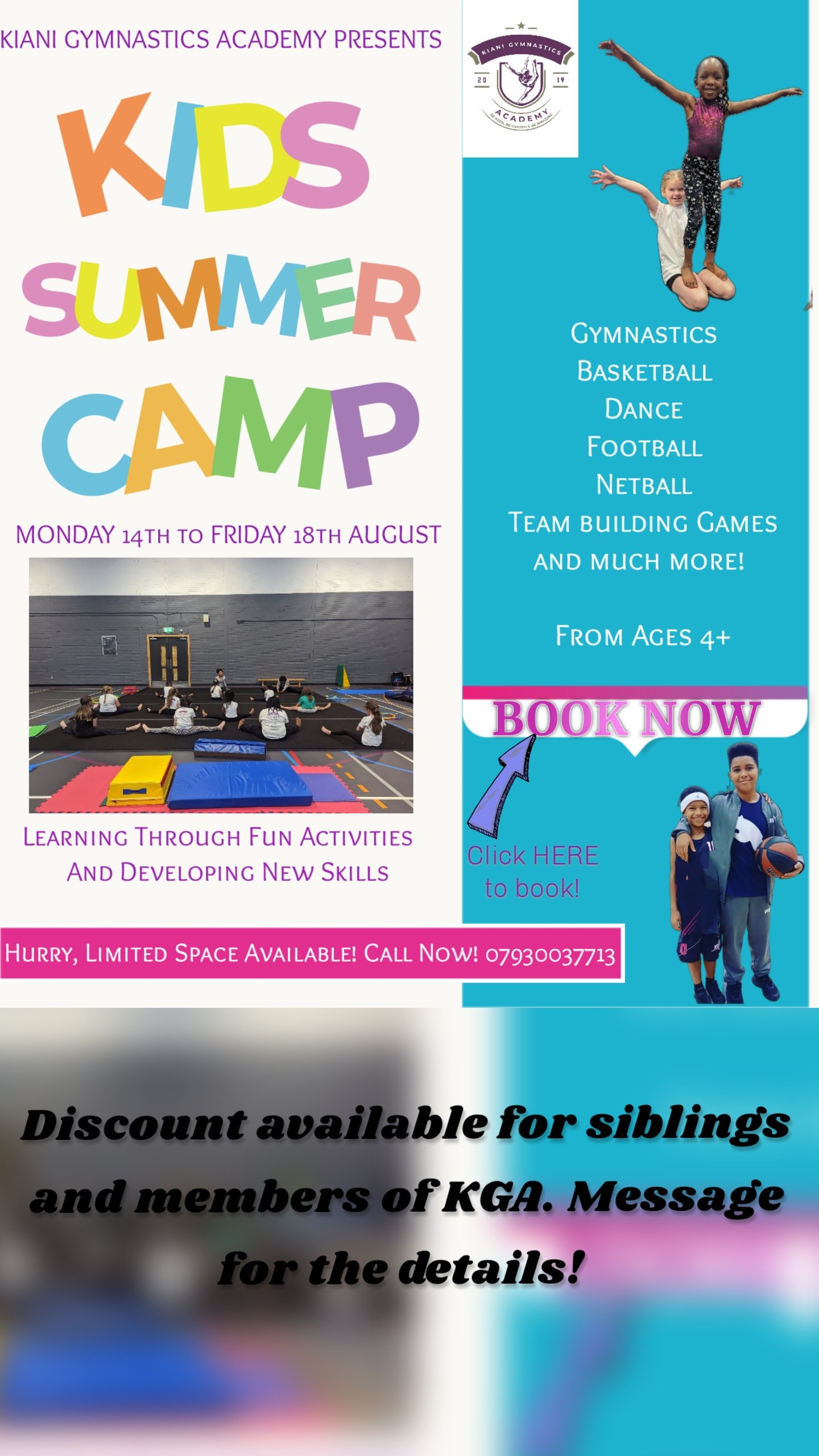 Discount available for siblings and members of KGA. Message for the details! 